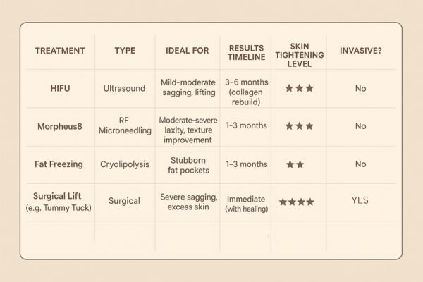 Table showing the comparisons of Skin tightening Bovingdon treatment options.